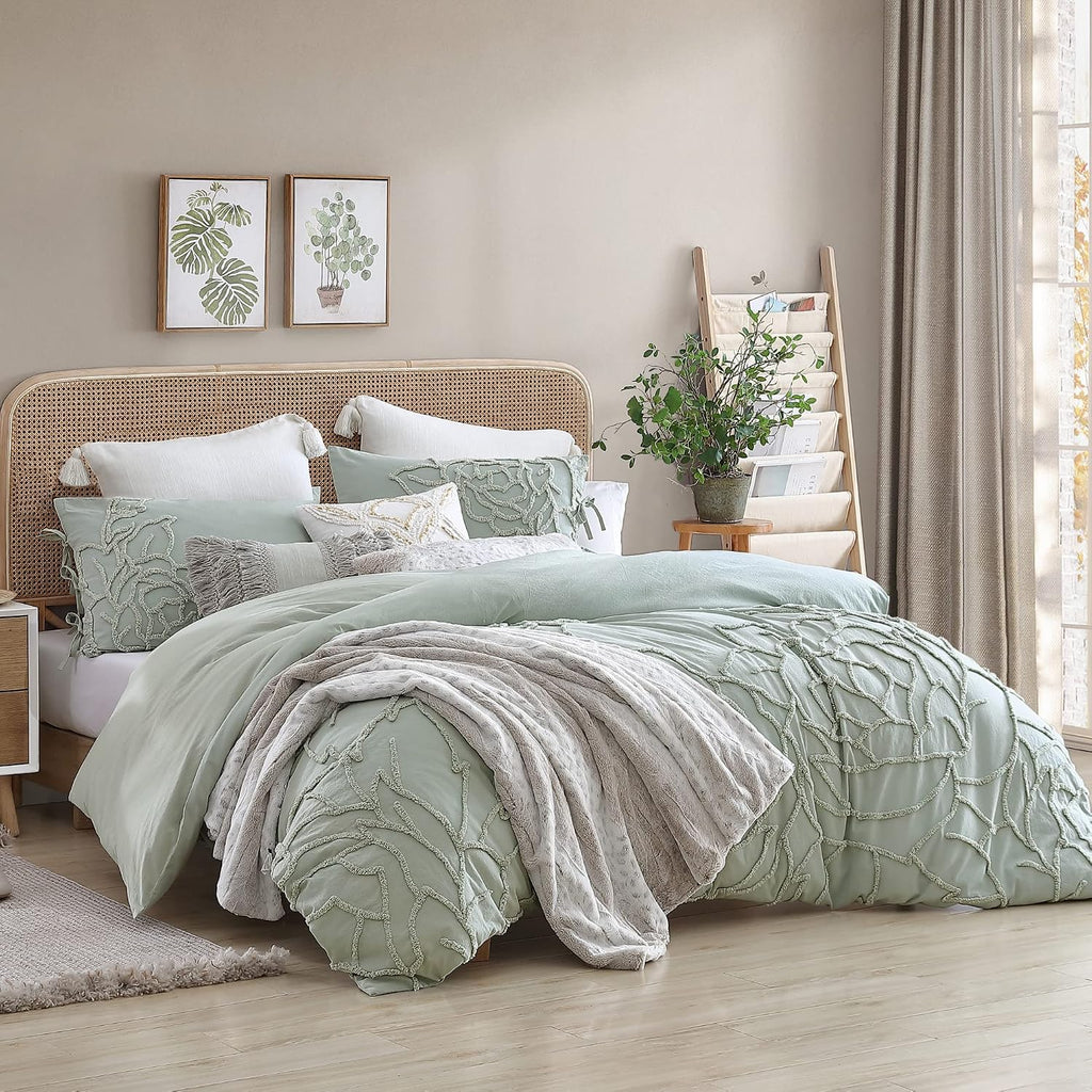 Peri Home 100% Cotton 3-Piece Sage Comforter and Sham Set, Green Chenille Rose, Full/Queen