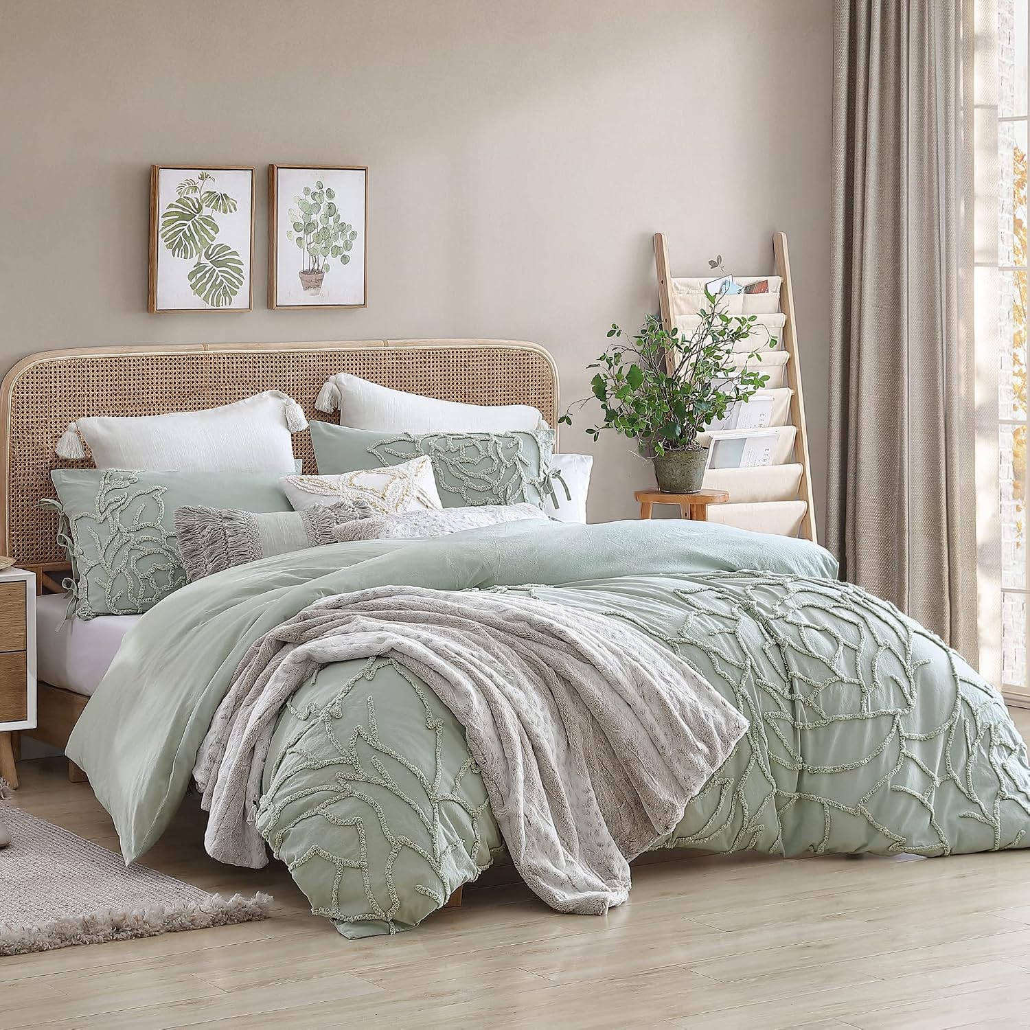 Peri Home 100% Cotton 3-Piece Sage Comforter and Sham Set, Green Chenille Rose, Full/Queen