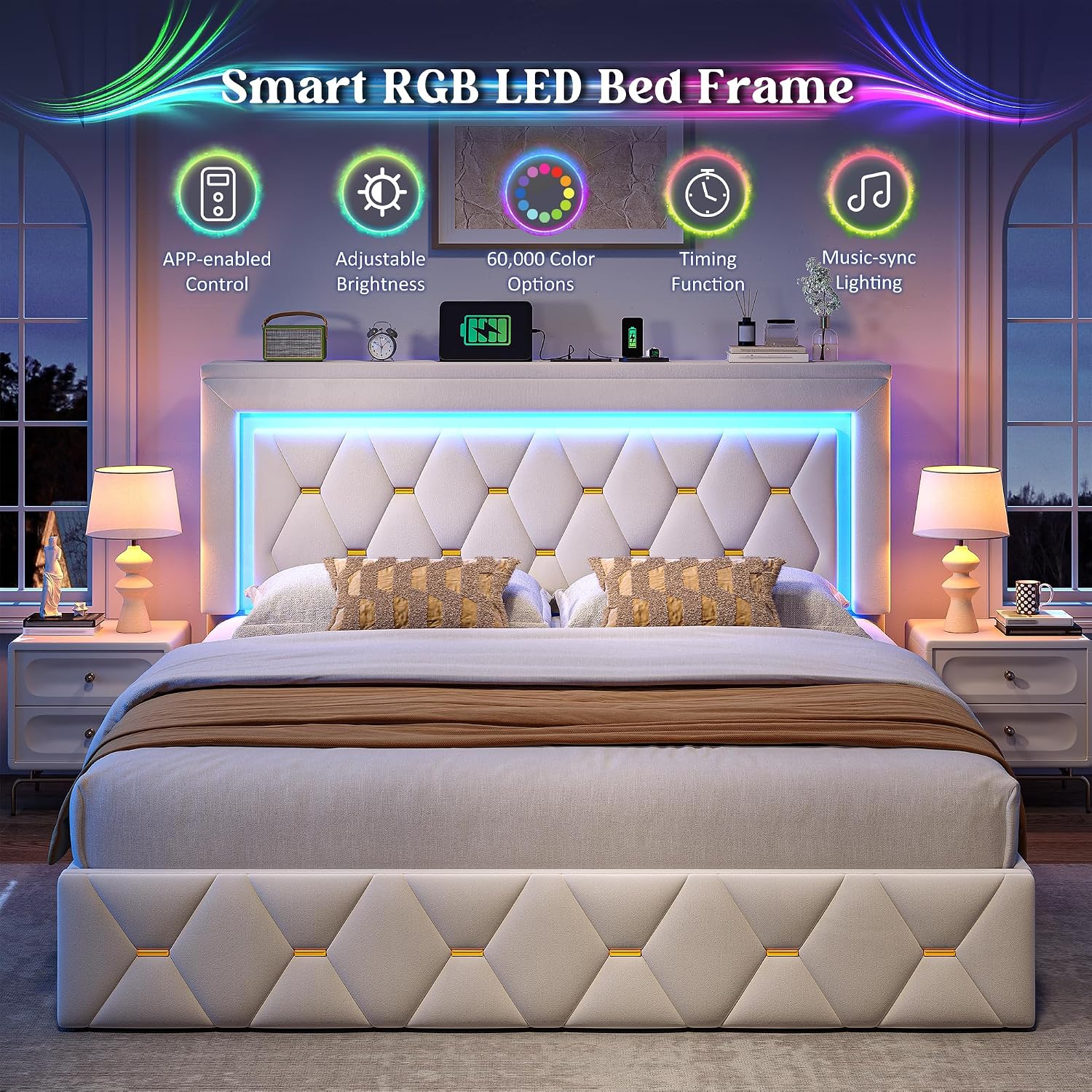Homkdom Full Bed Frame with 4 Storage Drawers & Adjustable Tall Headboard,Soft Velvet Bed Frame Full with Smart LED Lights & Charging Station,1100LB-Heavy Duty Metal Support, Modern,Beige