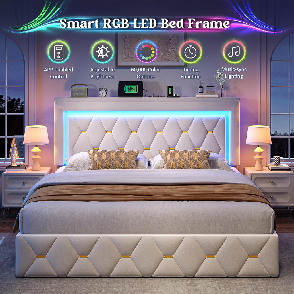 Homkdom Queen Bed Frame with 4 Storage Drawers & Adjustable Tall Headboard,Soft Velvet Bed Frame Queen Size with Smart LED Lights & Charging Station,1100LB-Heavy Duty Metal Support, Modern,Beige