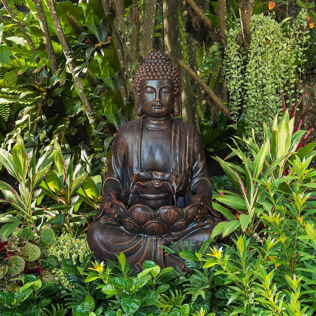 Glitzhome Outdoor Fountain 28' H, Large Zen Style Buddha Waterfall Fountains Indoor Water Fountain with Pump & LED Lights, Freestanding Water Feature Outside Garden Backyard Decor