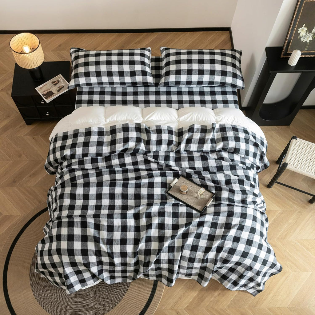 EVERLY Linen Sheets Set King Size,100% French Stonewash Pure Linen Bed Sheets,4Pieces (1Flat Sheet,1Fitted Sheet,2Pillowcase) Suitable for Hot Sleepers,Deep Pocket Natural Bedding Set-Black Plaid
