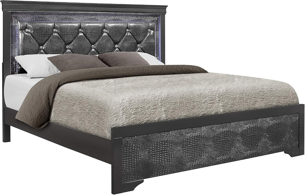 BLUECC Grey Queen 5Pcs Bedroom Set Wood Bed Chest Mirror Dresser Nightstand