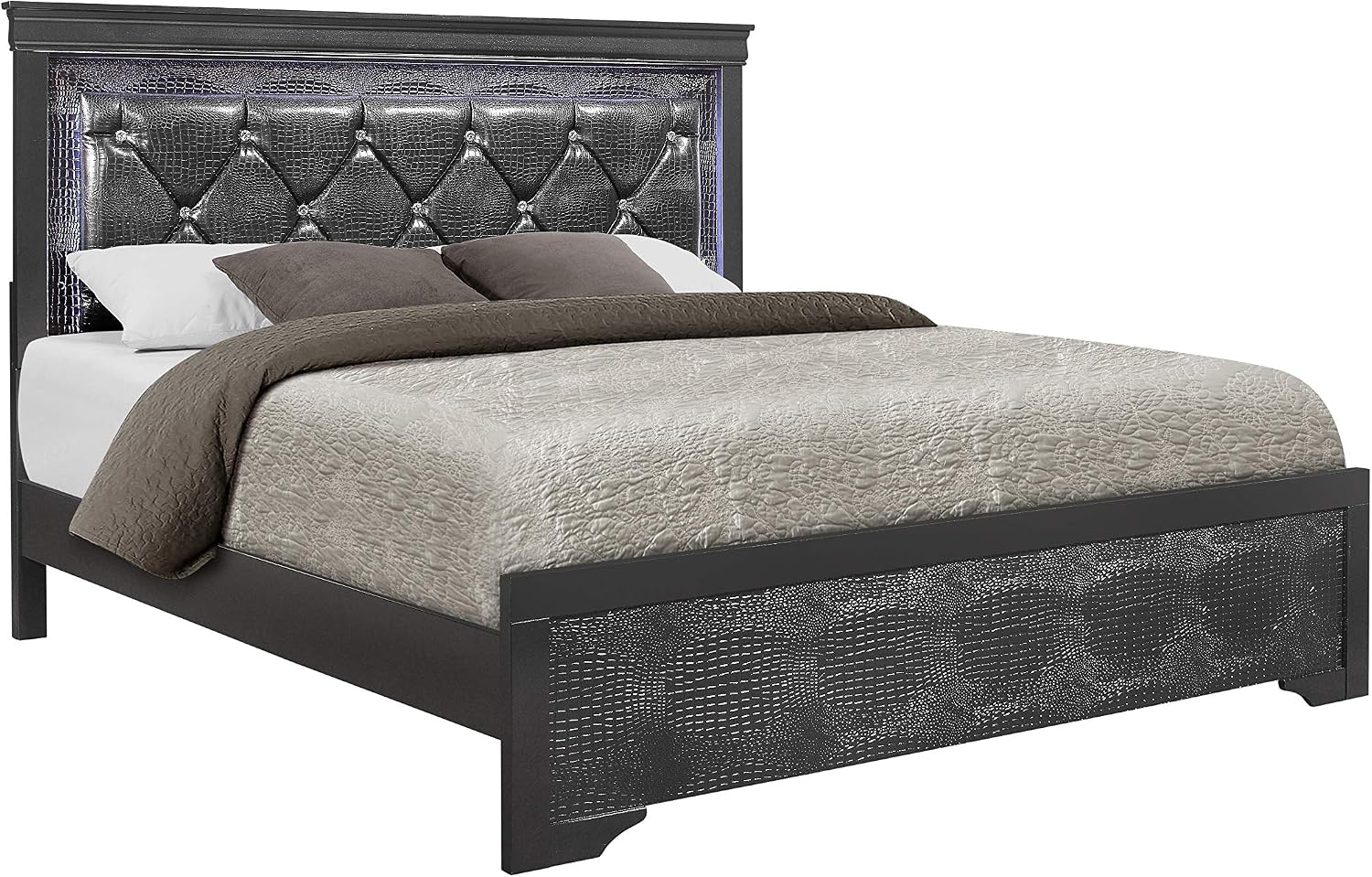 BLUECC Grey Queen 5Pcs Bedroom Set Wood Bed Chest Mirror Dresser Nightstand