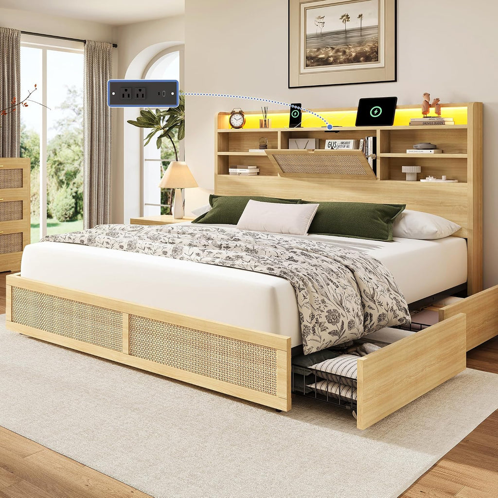 BRELTAM King Size Rattan Bed Frame with 4 Storage Drawers and 51.3' Tall Hidden Storage Headboard Wooden Platform Bed Frame with LED Lights and Charging Station, No Box Spring Needed, Natural