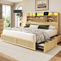 BRELTAM Queen Size Rattan Bed Frame with 4 Storage Drawers and 51.3' Tall Hidden Storage Headboard Wooden Platform Bed Frame with LED Lights and Charging Station, No Box Spring Needed, Natural