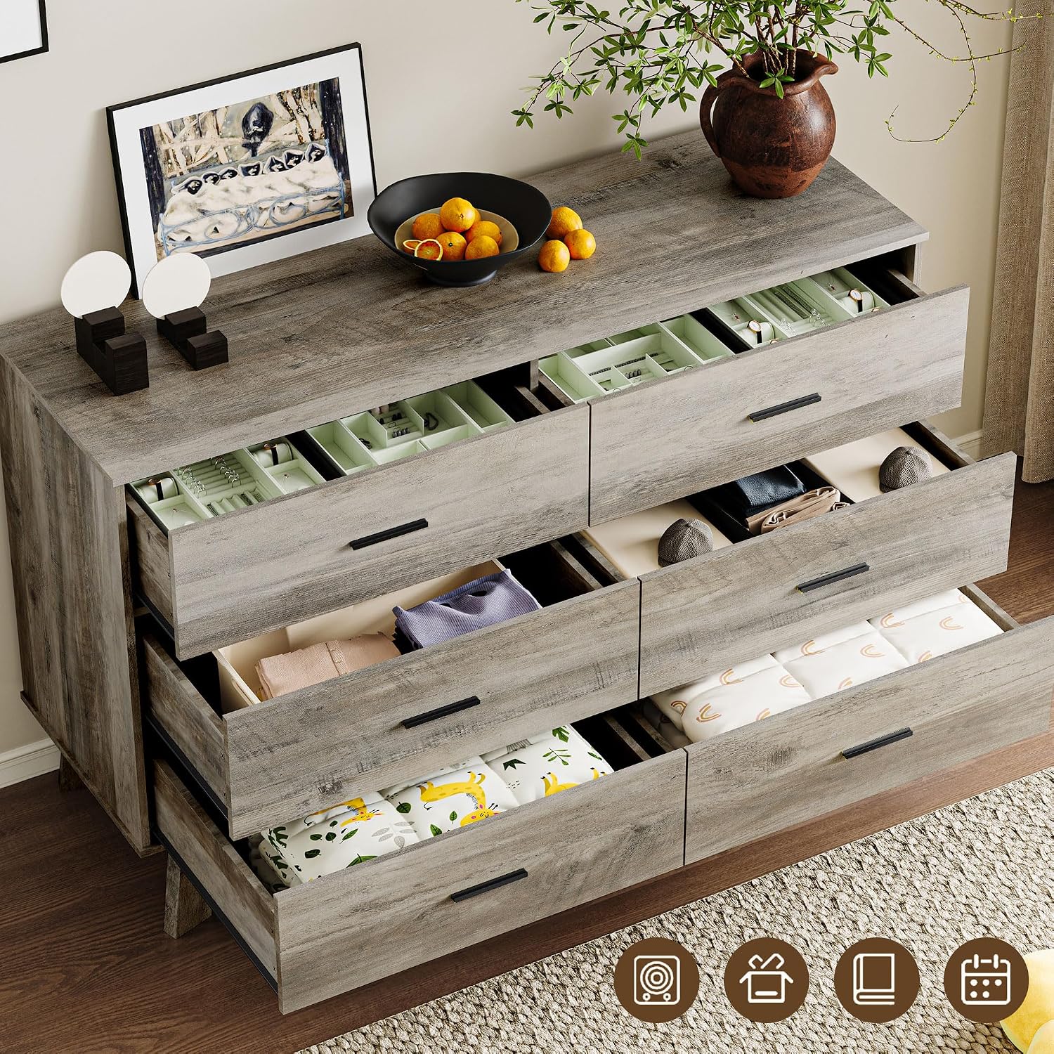 BORNOON Dresser for Bedroom with 6-Drawer, 47.2' Modern Chest of Drawers with Metal Handles, X-Shape Base & Adjustable Center Leg, Anti-Tip Closet Organizers and Storage