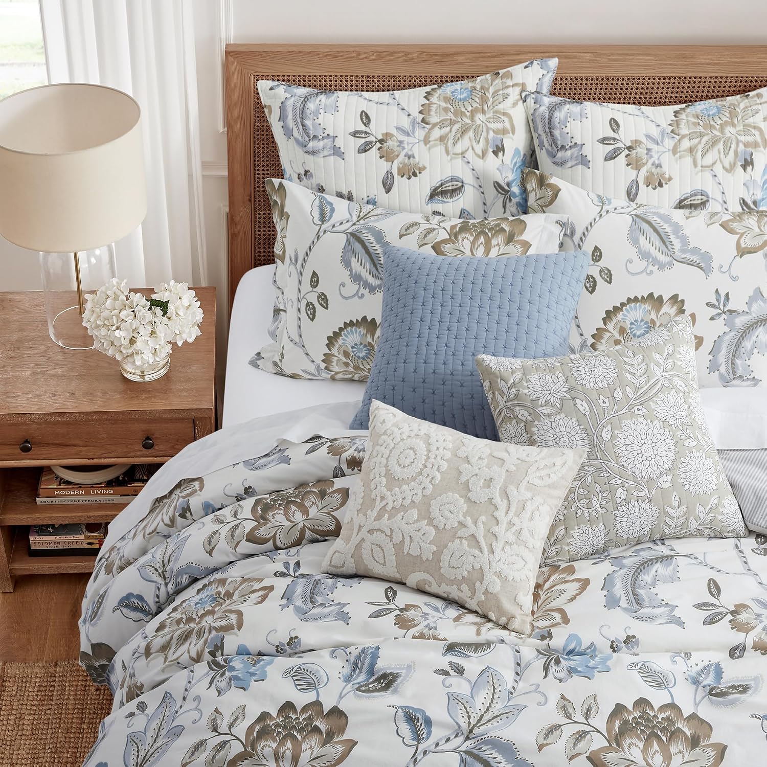 Levtex Home - Maileen Neutral Blue Comforter Set - Full/Queen Comforter (90x94in) and 2 Standard Shams (20x26in) - Floral Vine Design - Neutral Tones - Cotton with Polyester Fill | Reversible