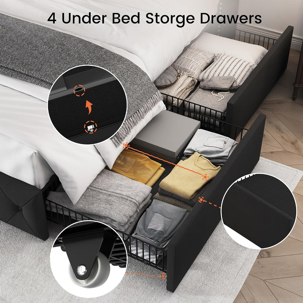 LARMACE King Size Bed Frame with 4 Storage Drawers and 47.2' Tall Tufted Headboard Velvet Upholstered Platform Bed Frame Wingback Beds with Wooden Slats Support, Easy Assembly, Black