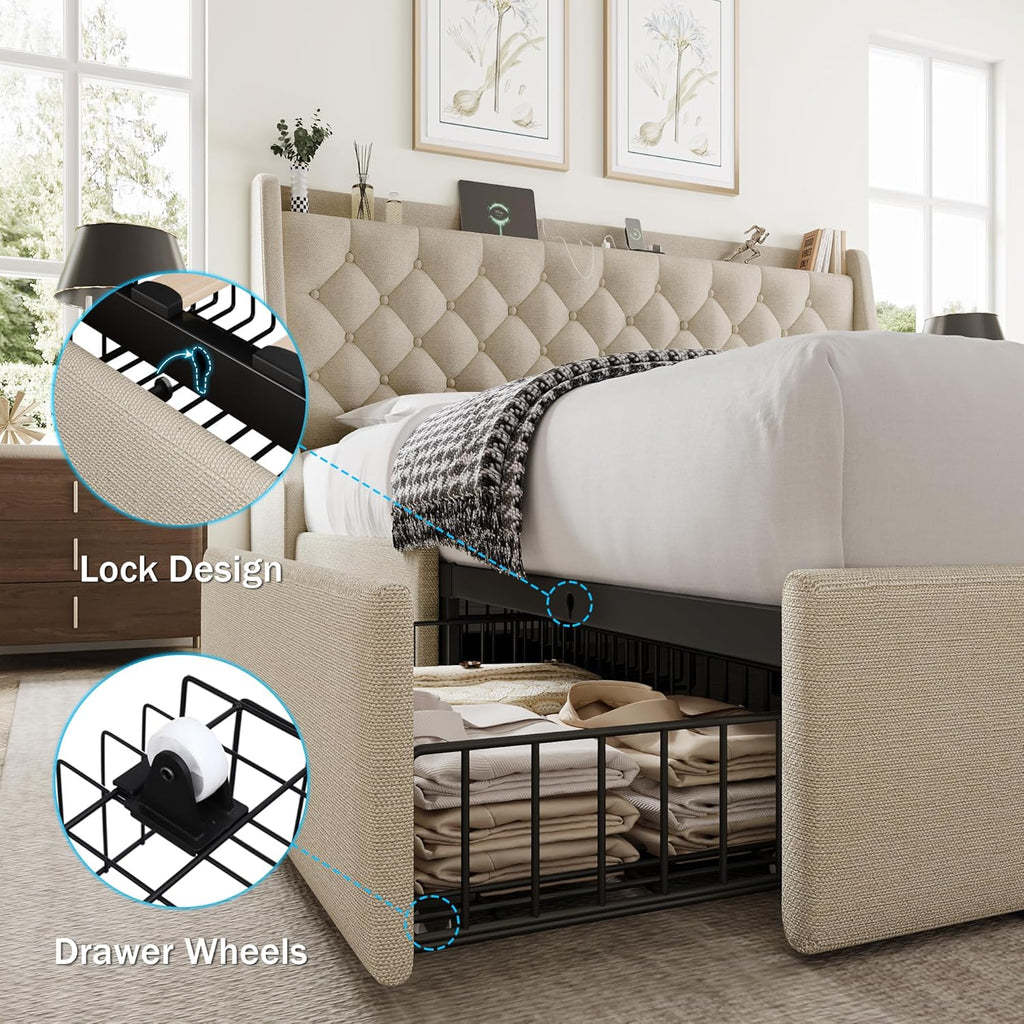 GalnFu King Size Bed Frame with 4 Storage Drawers, Giant Upholstered Wingback Headboard, Fast Charging Station, No Box Spring Needed, Noise-Free, Beige