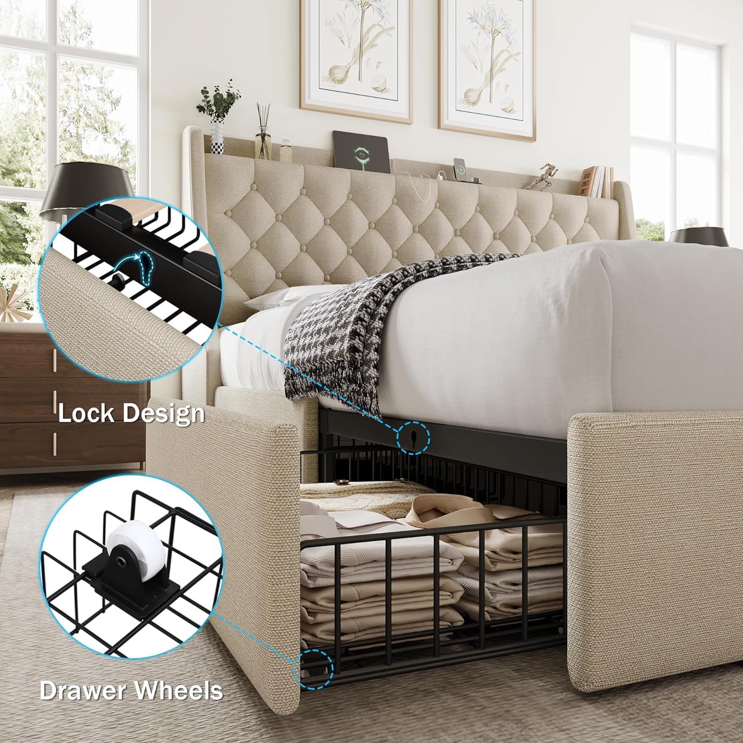 GalnFu King Size Bed Frame with 4 Storage Drawers, Giant Upholstered Wingback Headboard, Fast Charging Station, No Box Spring Needed, Noise-Free, Beige