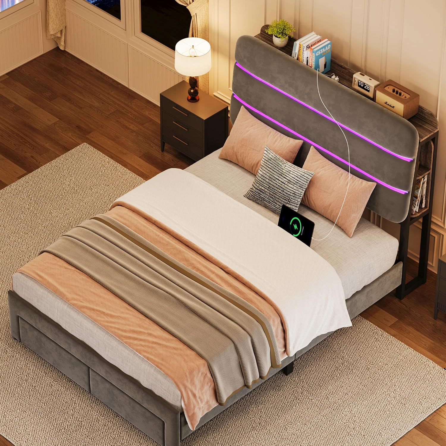 Ailisite Twin Size Bed Frame with Drawer and Ergonomic Storage Headboard,Slide Out Headboard Storage,Twin Bed with Charging Station & LED Lights,Wood Slats Support, No Box Spring Needed,Grey