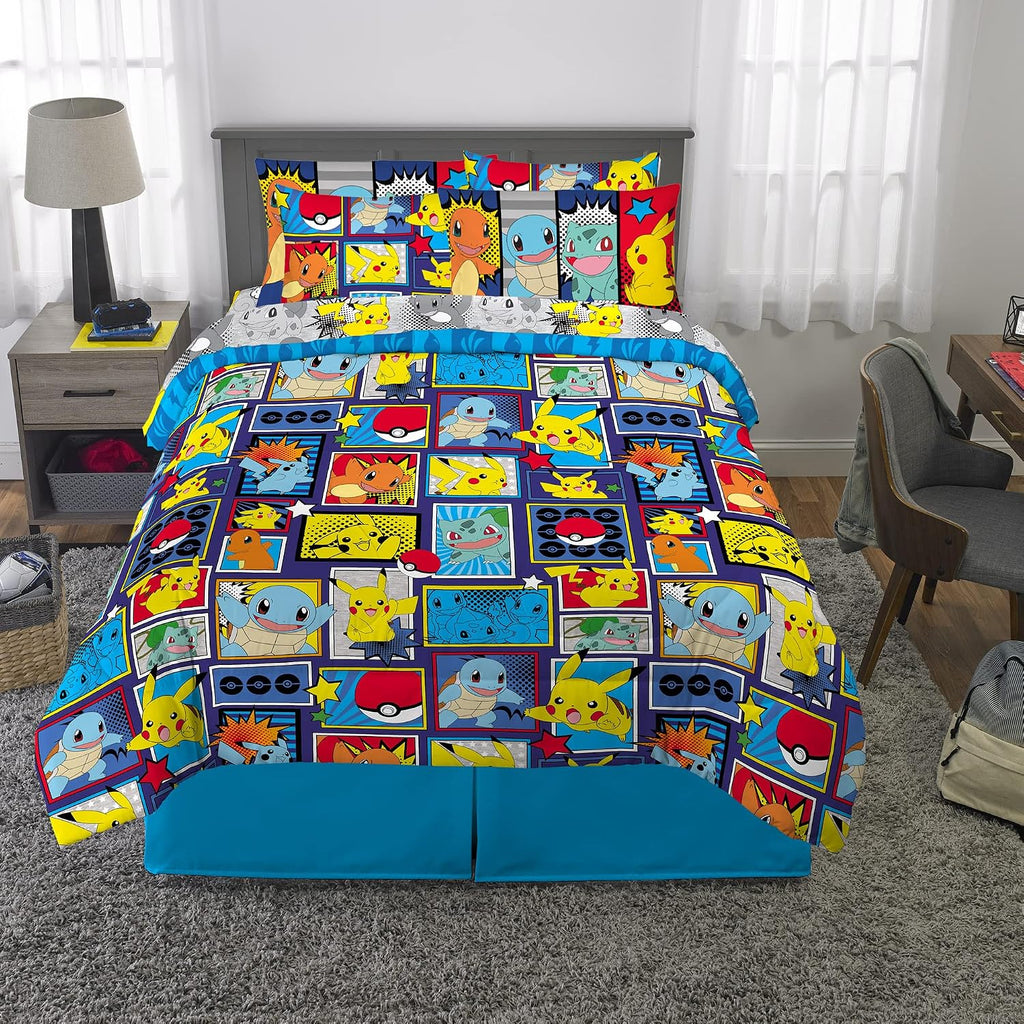Pokémon Pikachu Queen Size Bedding Set – Kids Bedding Super Soft Cozy Reversible Comforter and Sheet Set with Sham, 7 Piece Queen Size, (Officially Licensed Product) by Franco