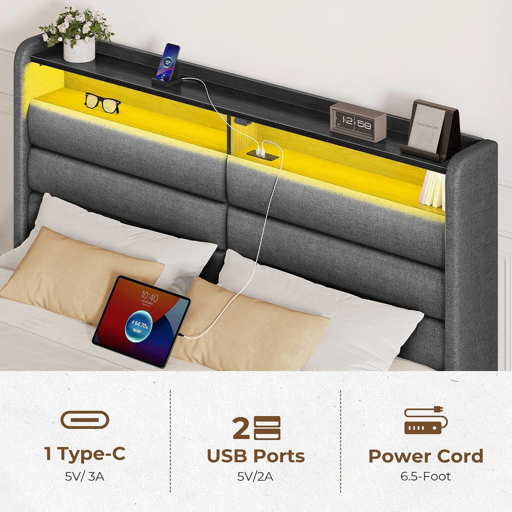 Seventable Twin Bed Frame with Storage Drawers & Charging Station, Upholstered Platform Bed with LED Light and Storage Headboard, Gray, No Box Spring Needed, Noise Free, Easy Assembly