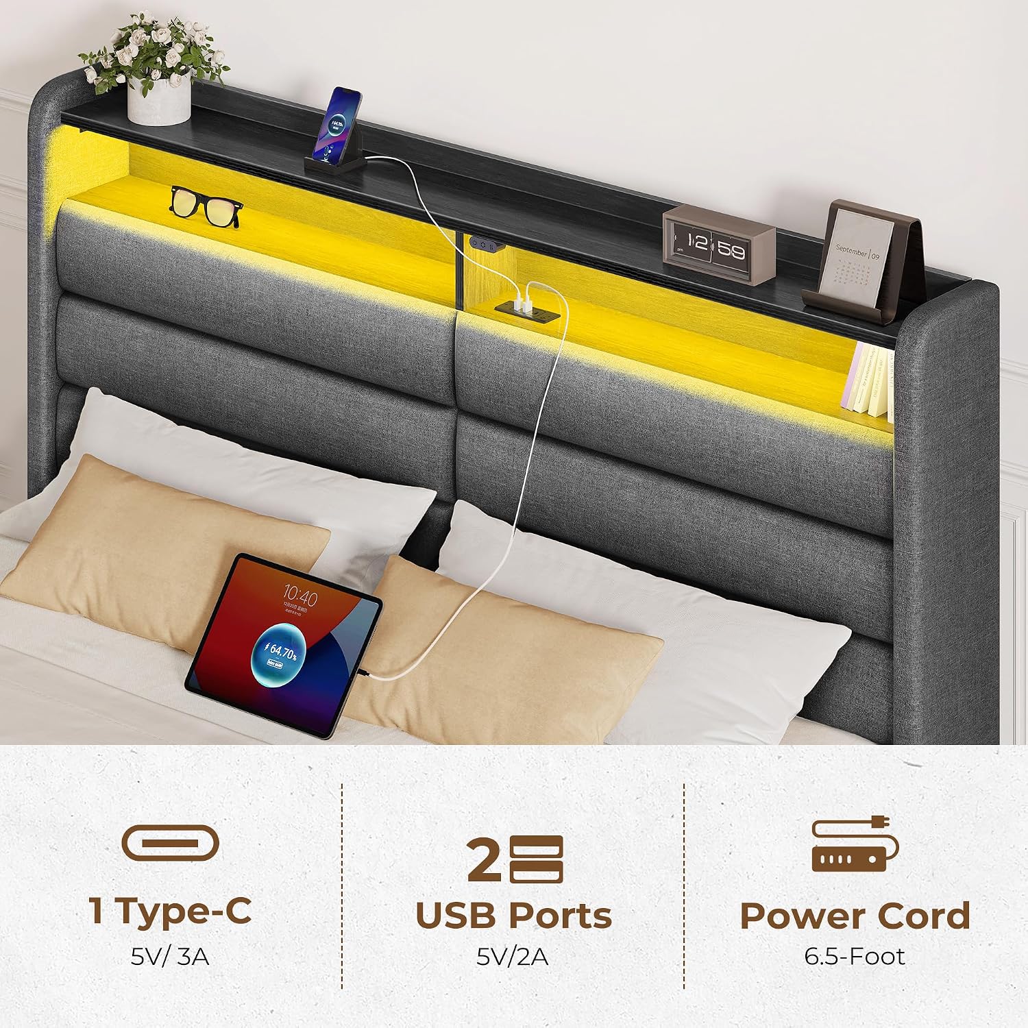 Seventable Twin Bed Frame with Storage Drawers & Charging Station, Upholstered Platform Bed with LED Light and Storage Headboard, Gray, No Box Spring Needed, Noise Free, Easy Assembly