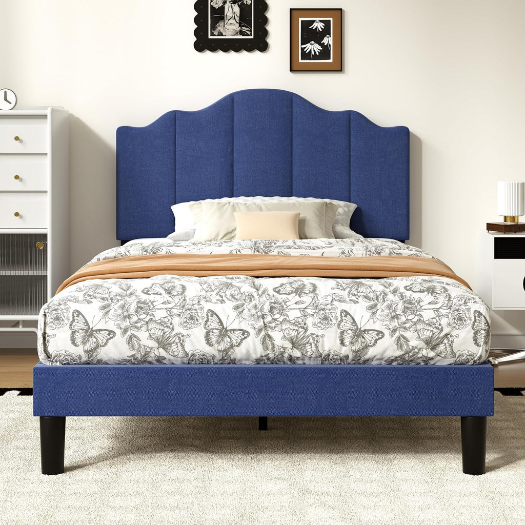 VECELO Twin Size Upholstered Platform Bed Frame with Adjustable Headboard, Wood Slat Support and Noise-Free, No Box Spring Needed, Easy Assembly, Dark Blue