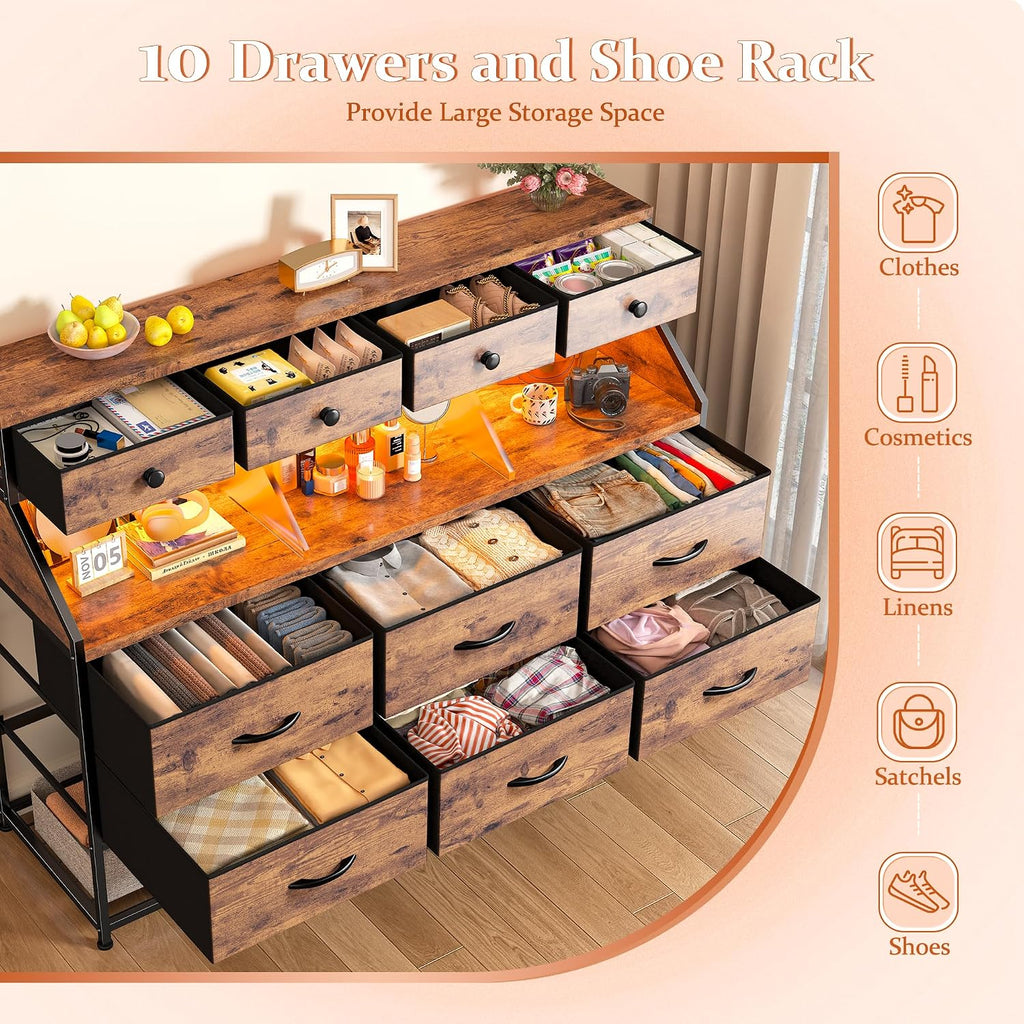 EnHomee Dresser for Bedroom with 10 Drawers & Shoe Rack Fabric Dressers & Chests of Drawers with LED Lights and Power Outlets Bedroom Dresser for Entryway, Hallway (Rustic Brown)