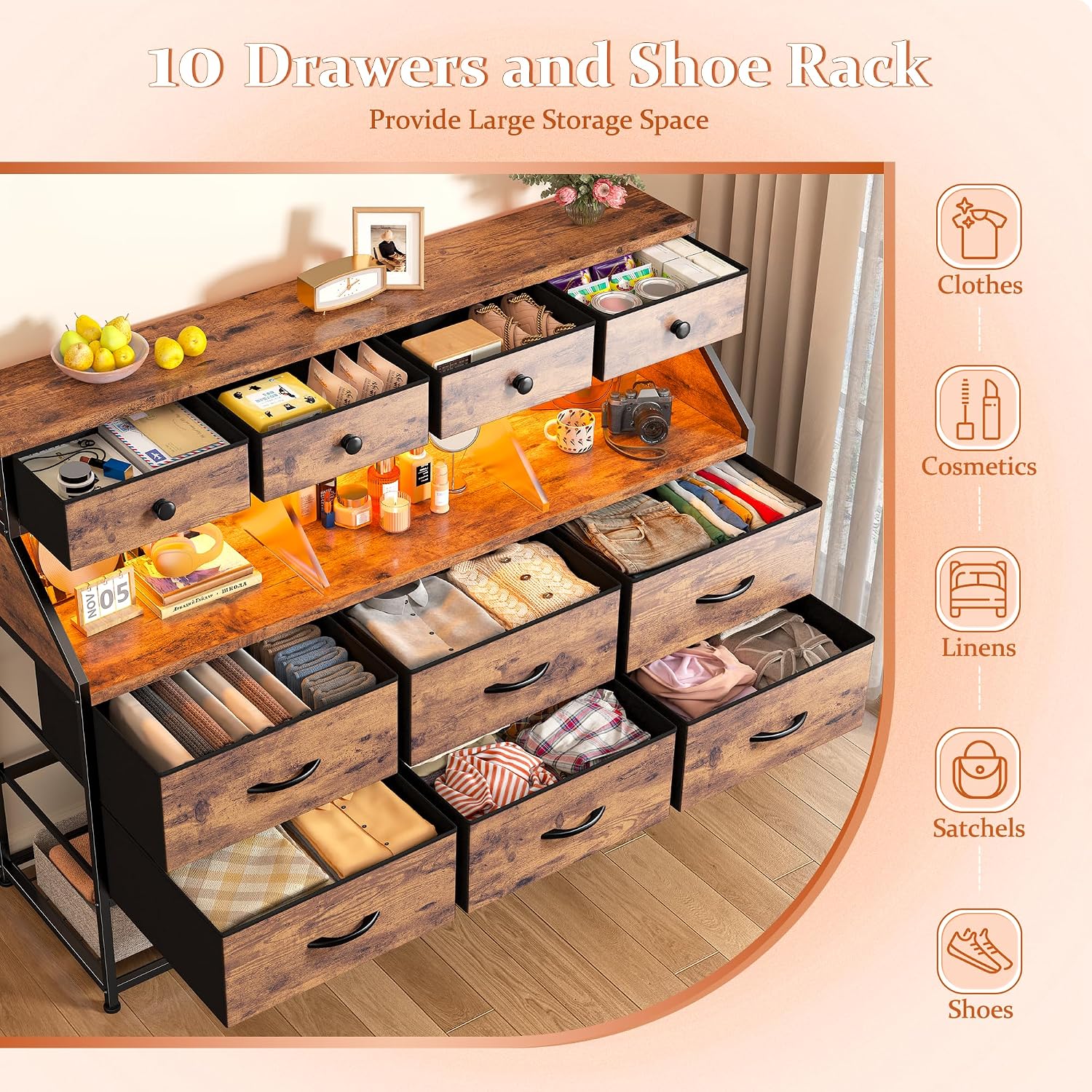 EnHomee Dresser for Bedroom with 10 Drawers & Shoe Rack Fabric Dressers & Chests of Drawers with LED Lights and Power Outlets Bedroom Dresser for Entryway, Hallway (Rustic Brown)