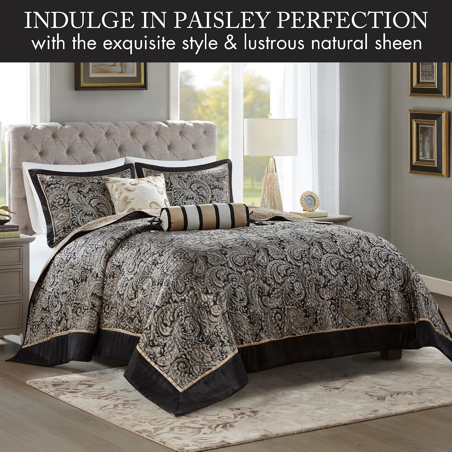 Madison Park Aubrey Reversible Quilted Bedspread Set, Solid Reverse Summer Breathable, Lightweight All Season Bedding Layer, Matching Shams, Bedspread Queen(102'x118'), Black 5 Piece