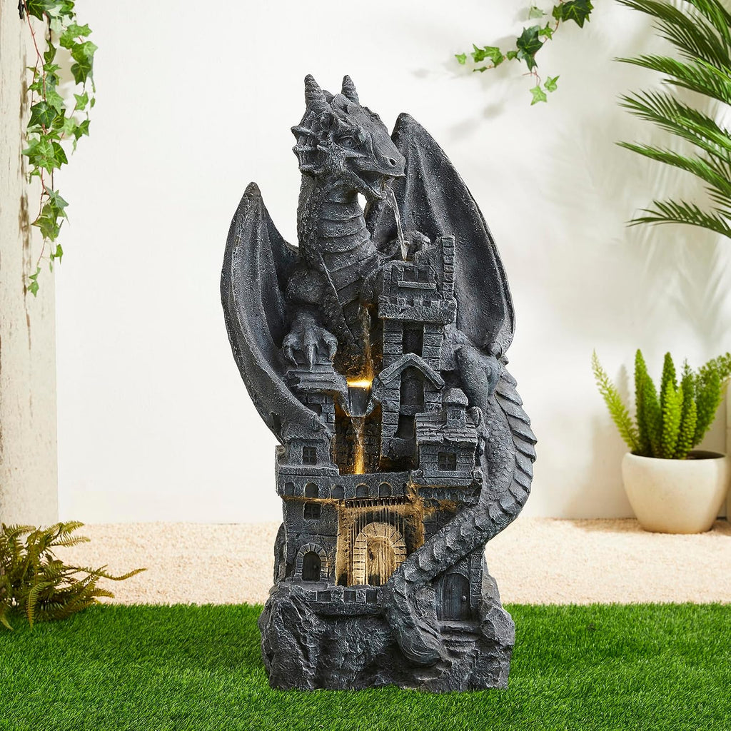 Glitzhome Outdoor Fountain 37' H, 4-Tiered Waterfall Indoor Water Fountain Freestanding Water Feature Fountains with Pump & LED Lights Outside Garden Backyard Decor, Gothic Dragon