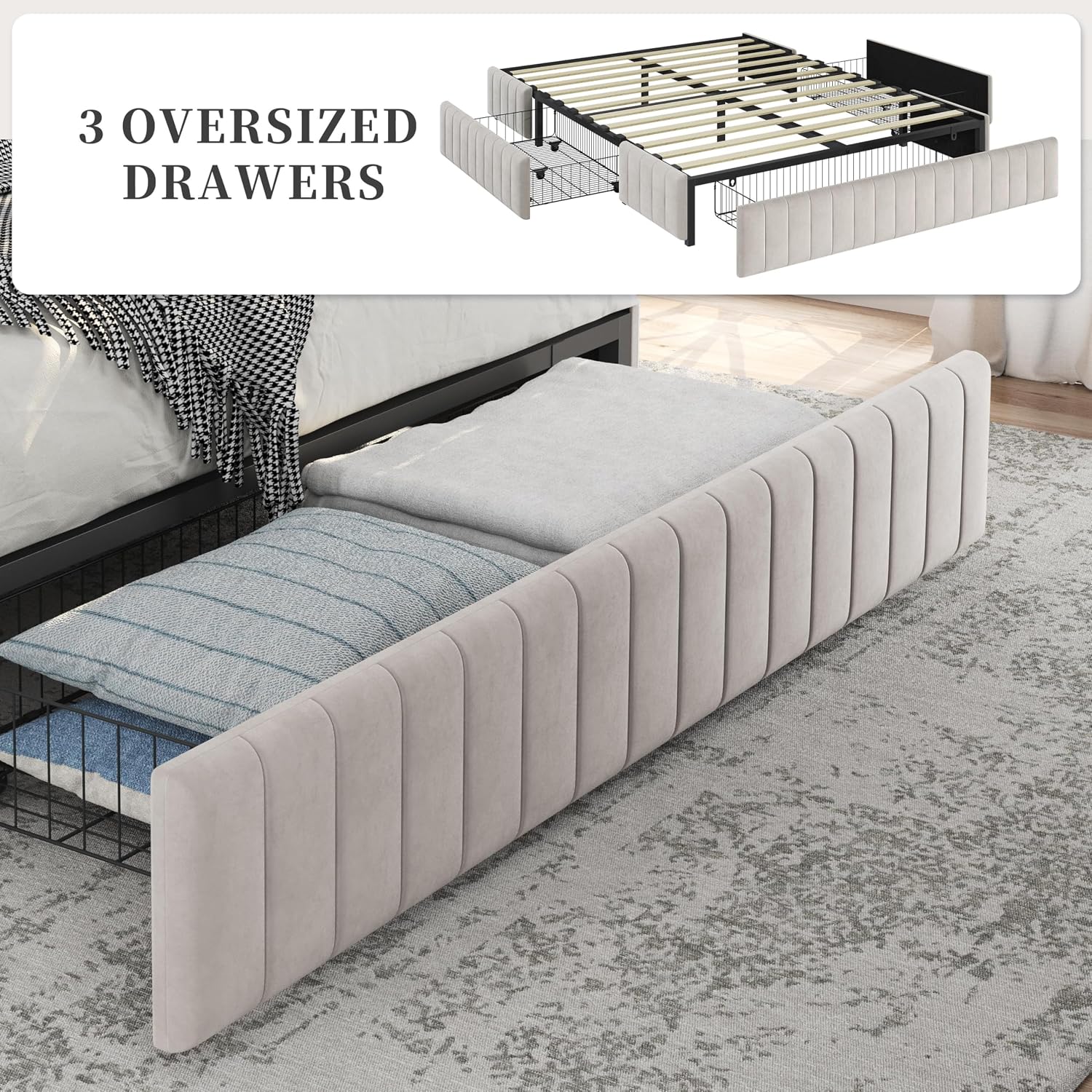 Yaheetech Queen Bed Frame Upholstered Platform Bed with 3 Storage Drawers, Large Storage Space/Strong Wooden Slats/Non-Slip and Noise-Free/No Fixed Headboard/No Box Spring Needed/Beige Queen Bed