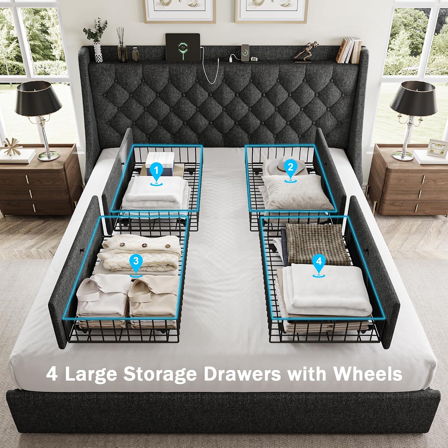 GalnFu King Size Bed Frame with 4 Storage Drawers, Giant Upholstered Wingback Headboard, Fast Charging Station, No Box Spring Needed, Noise-Free, Dark Gray