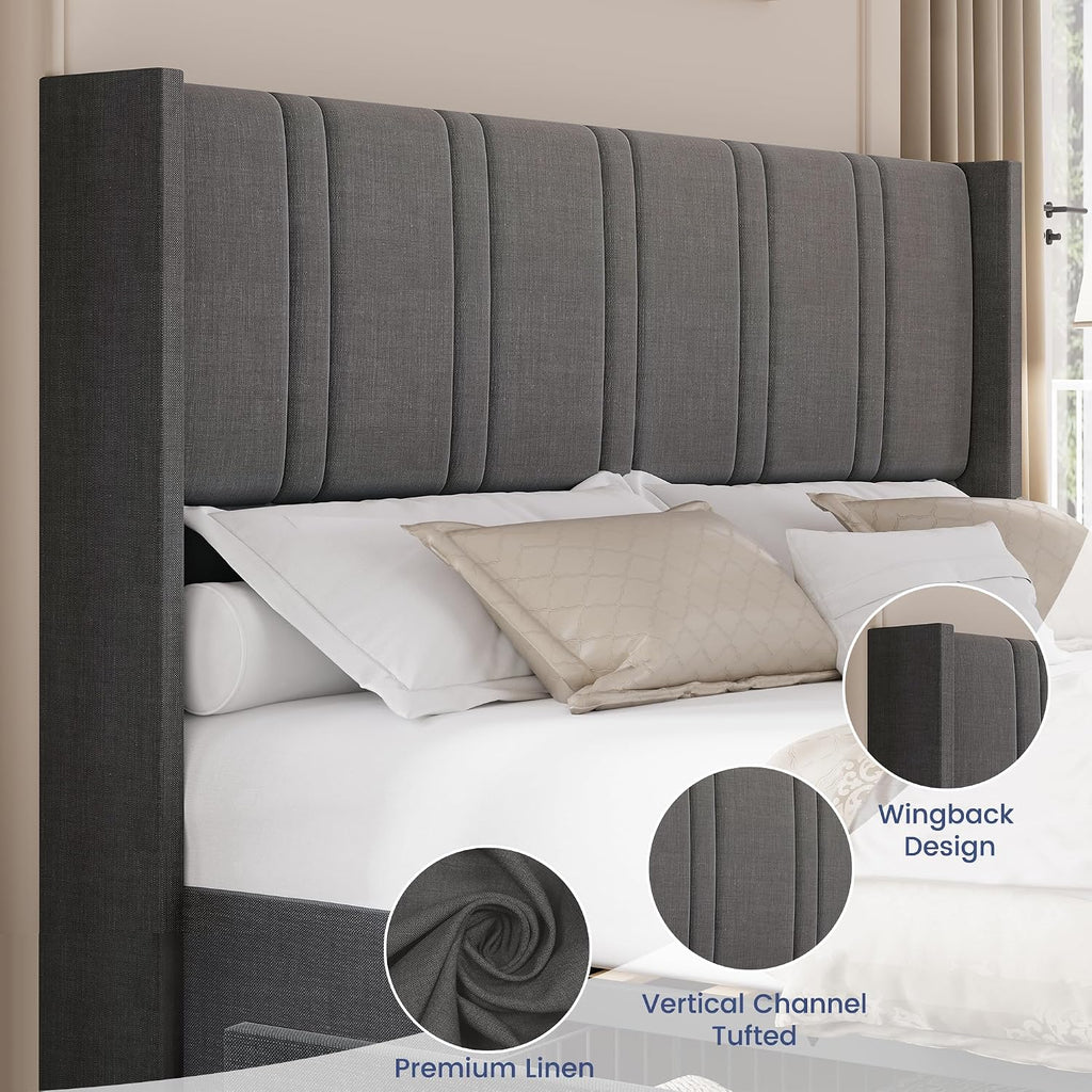 BRELTAM Queen Size Bed Frame with 4 Storage Drawers Linen Upholstered Platform Bed with Wingback Headboard, No Box Spring Needed, Easy Assembly, Light Grey