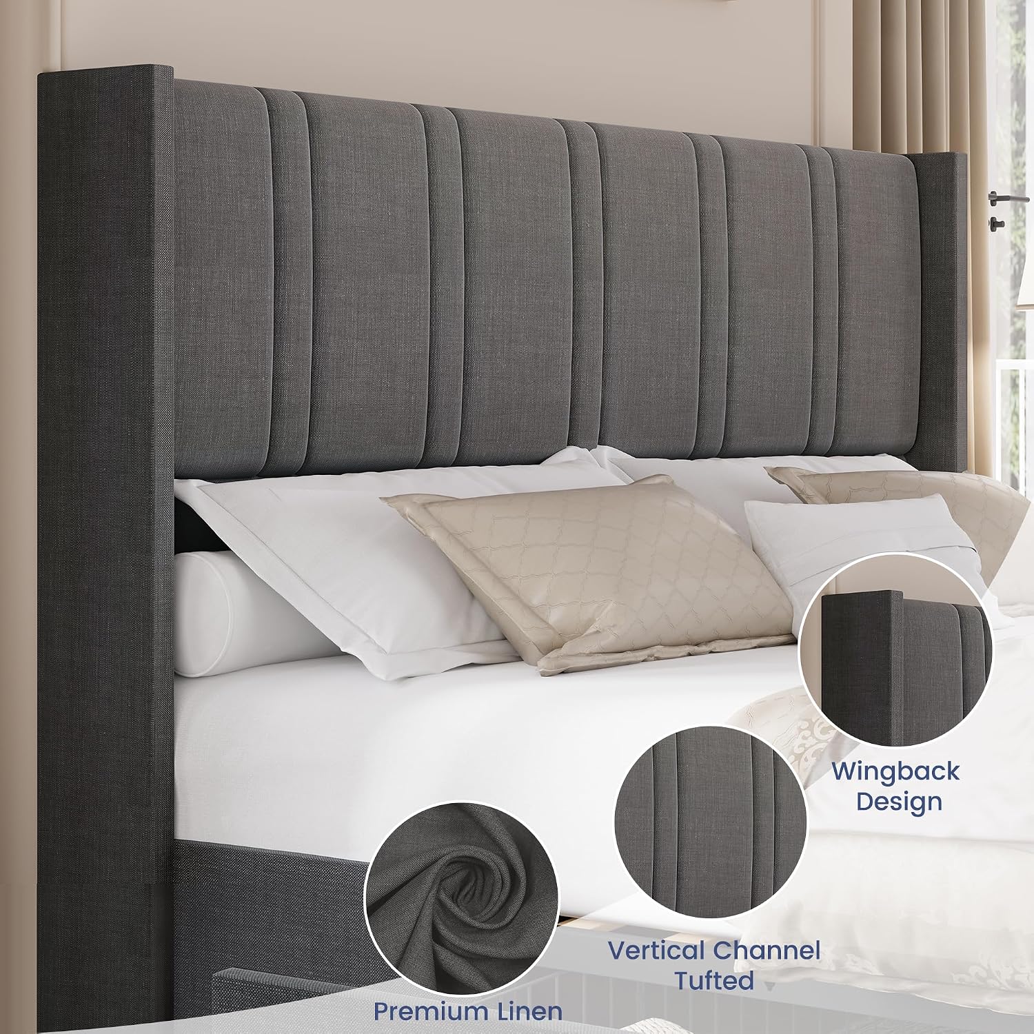 BRELTAM Queen Size Bed Frame with 4 Storage Drawers Linen Upholstered Platform Bed with Wingback Headboard, No Box Spring Needed, Easy Assembly, Light Grey