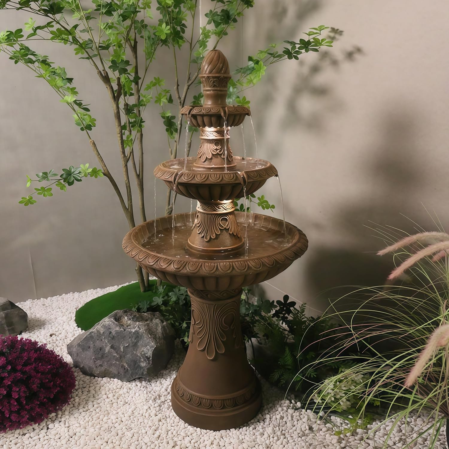 Top Outdoor Water Fountain Outside, Garden Water Fountain Decor for Gardens, Landscaping, Patios, Lawns (Brown)