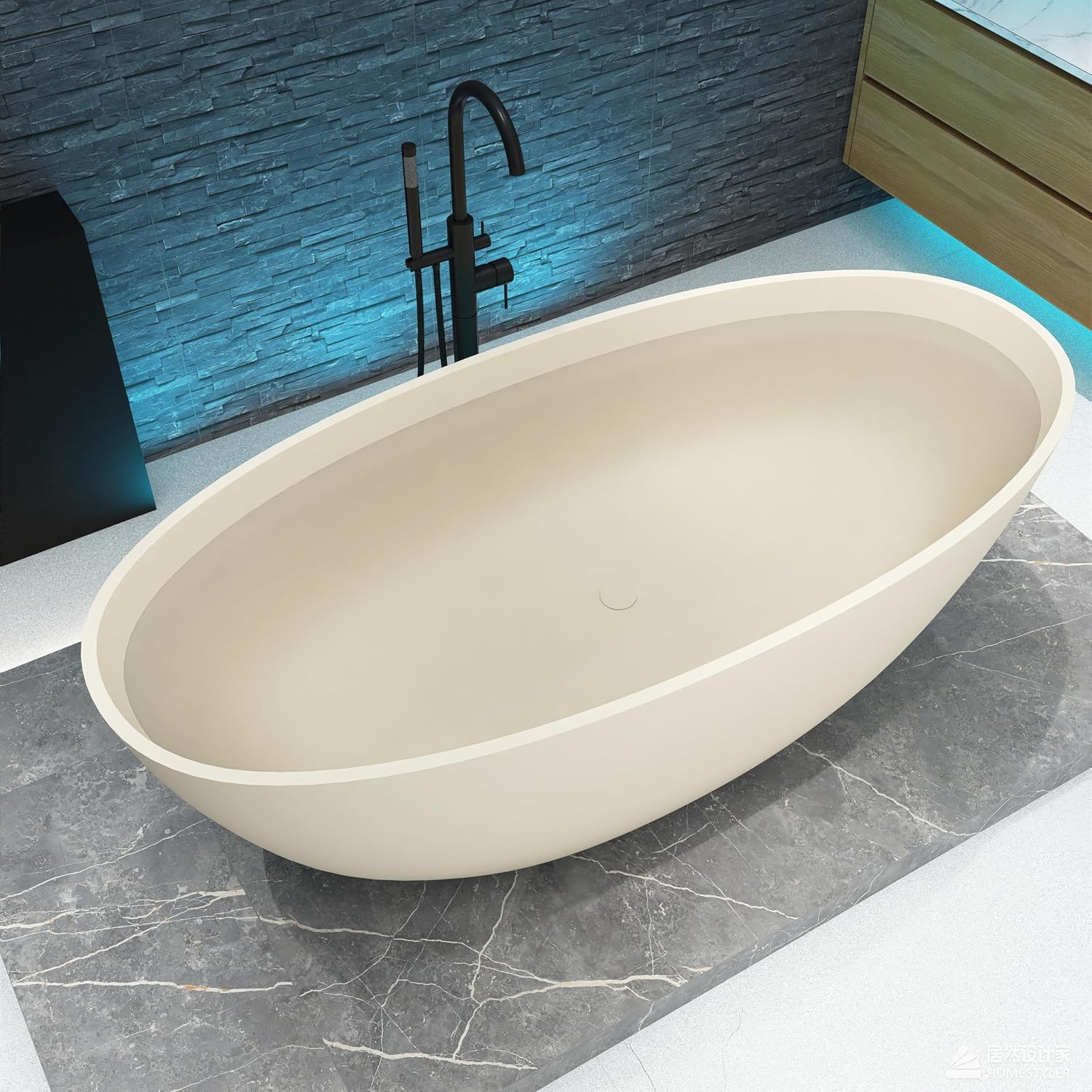 65'' Soaking Bathtub Stone Resin Freestanding Bathtub, Modern Bathtub Deep Soaking Bathtub with Overflow and Pop-up Drain BBFS303-1650 milk-coffee