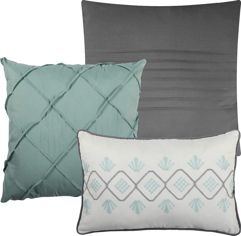 Grand Avenue Blue Fan-Shaped King Comforter Set, 7 Piece, Terry Embroidery Geometric Bedding Sets & Collections, Bedskirt, Pillows & Shams
