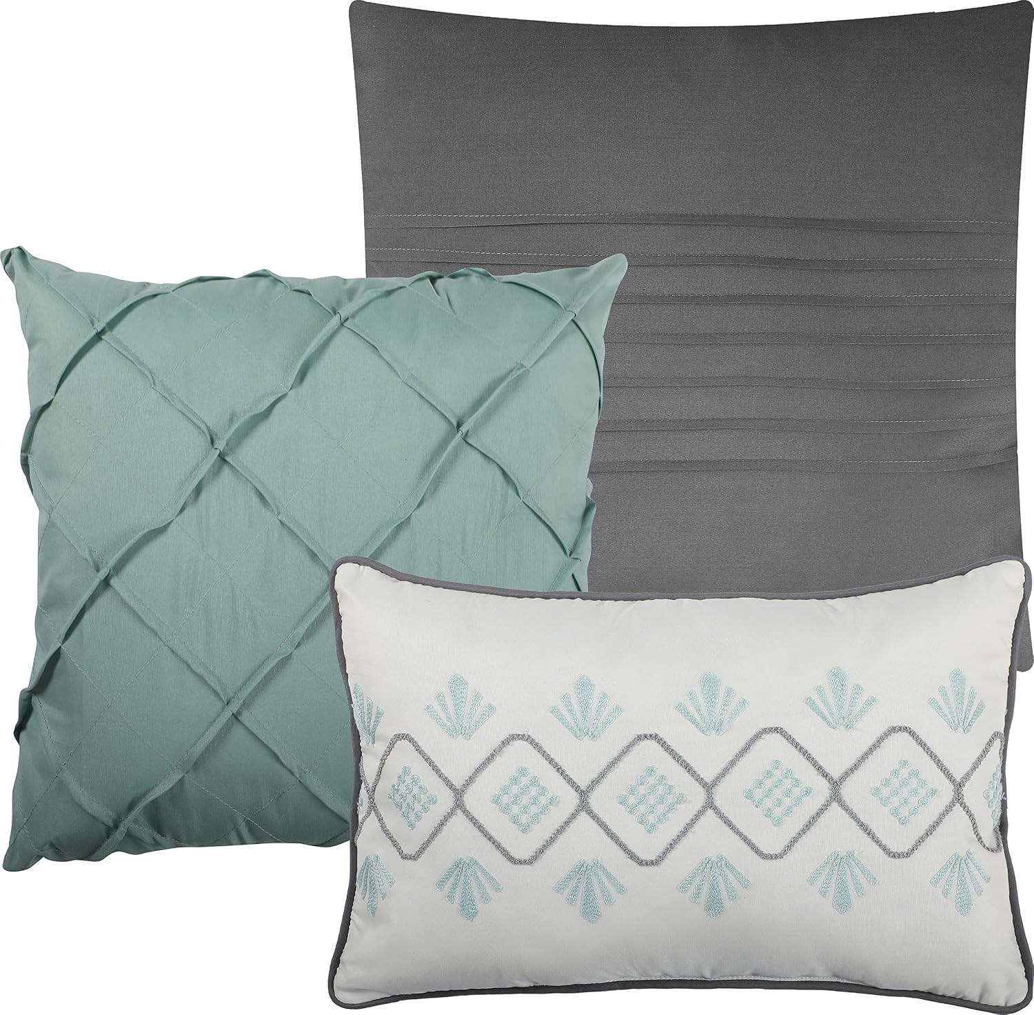 Grand Avenue Blue Fan-Shaped King Comforter Set, 7 Piece, Terry Embroidery Geometric Bedding Sets & Collections, Bedskirt, Pillows & Shams