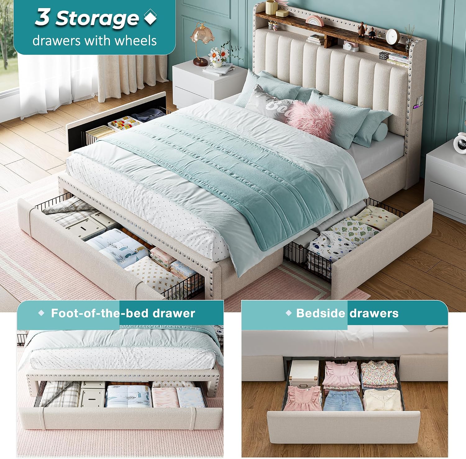 EnHomee Upholstered Full Bed Frame with 3 Storage Drawers, 2-Tier Storage Headboard, Platform Bed Frame with Wooden Slats Support, No Box Spring Needed, Beige