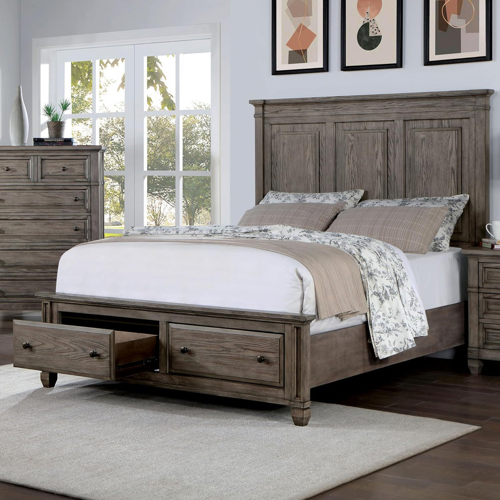 Furniture of America Xephyr Solid Wood 6-Piece Bedroom Set, Queen-Size Bed with Footboard Drawers, Felt-Lined Top & Ball-Bearing Glides, USB Port on Nightstand, Box Spring Required, Warm Gray