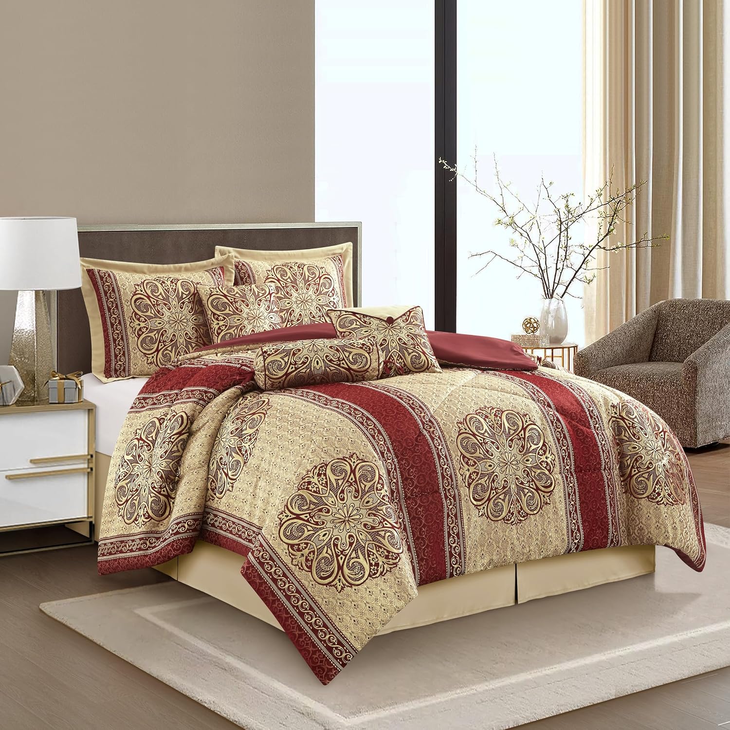 Grand Avenue Wine Gold Jacquard Comforter Set,Size Queen, 7 Piece, Burgundy Home Decor, Premium Lightweight Microfiber, Matching Bedskirt, Decorative Pillows & Shams, All Season Luxurious Bedding Set