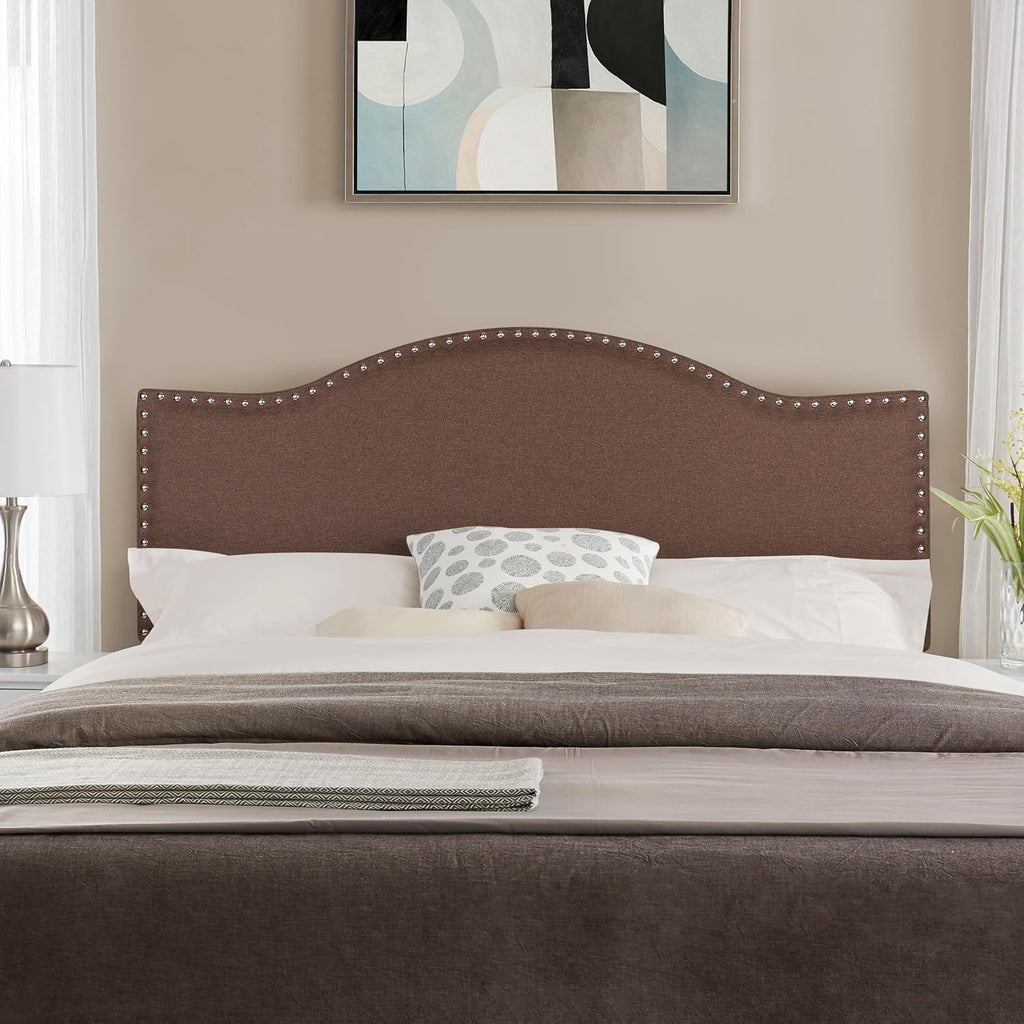 Naomi Home Adjustable Linen Headboard Queen with Nailhead Trim - Breathable Comfort and 12 Height Positions for Easy Style Upgrade - Espresso