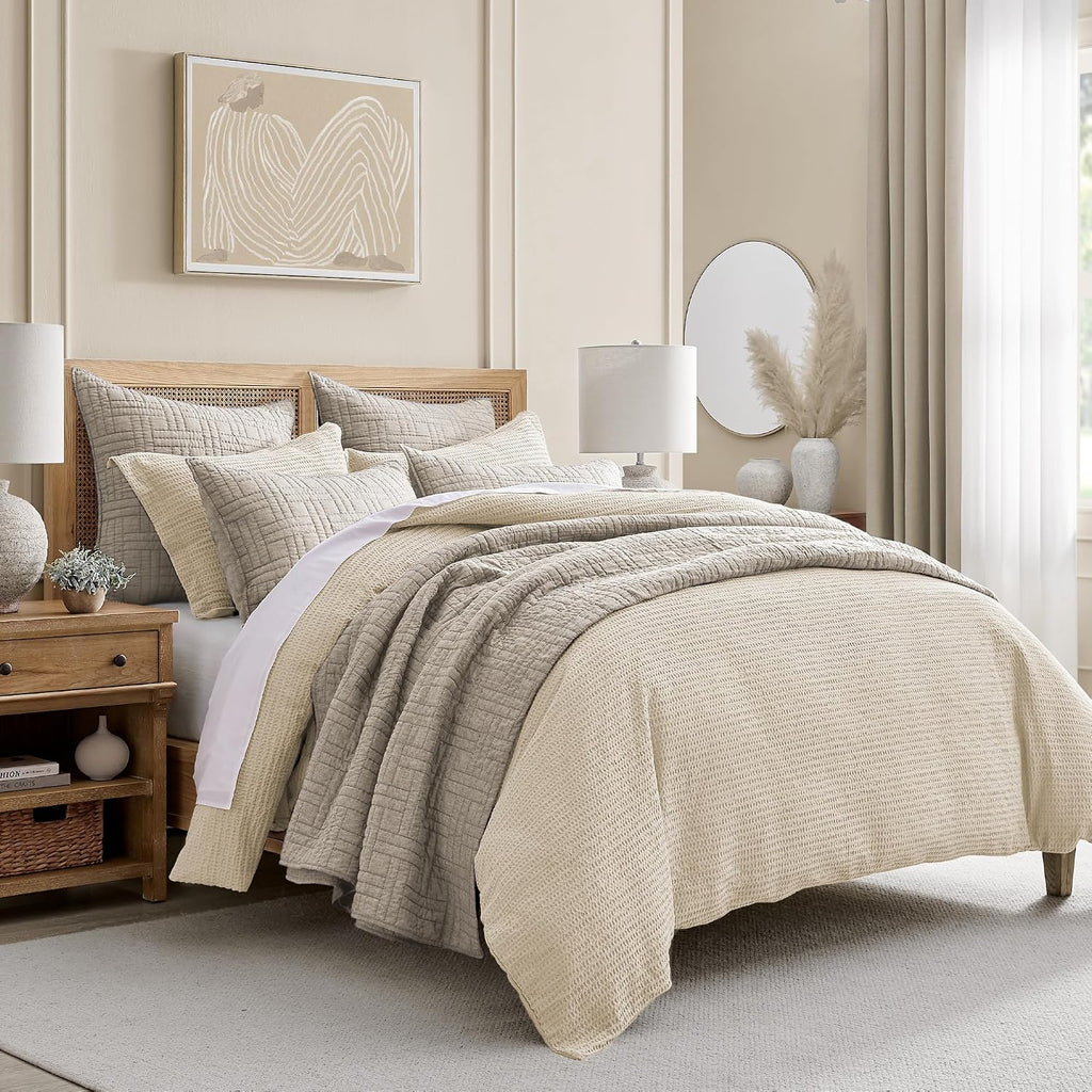 Levtex Home Cloud Waffle Full/Queen Comforter Set (90x94in) with 2 Pillow Shams (26x20in) - Solid Waffle Cotton Texture - Undyed Cream - Cotton Full/Queen Size Comforter Set - Soft, Pre-Washed