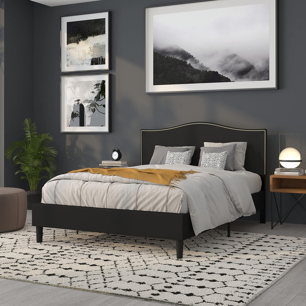 Flash Furniture Lexington Upholstered Queen Size Headboard with Accent Nail Trim in Black Fabric