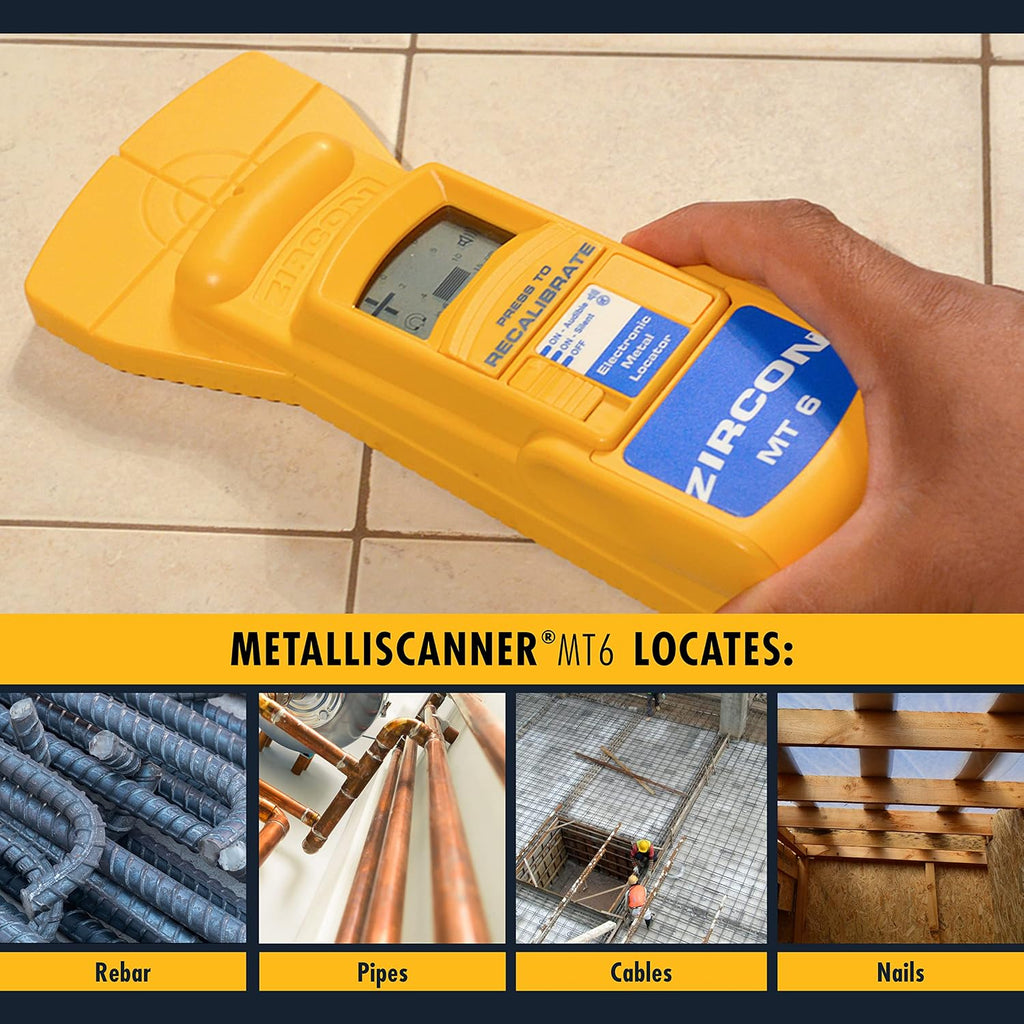 Zircon MetalliScanner MT6 Professional Metal Detector – Deep-Scanning Handheld Metal Locator for Ferrous and Non-Ferrous Metals – Detects Pipes, Rebar, and Studs in Walls, Floors, and Concrete, Yellow