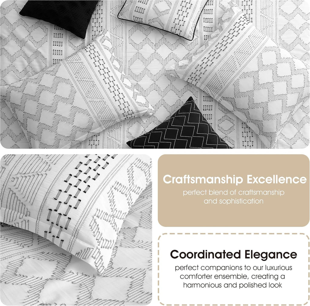 Stratford Park 7 Piece White Black Comforter Set, Queen Size Clip Bedding Set, All Season Geometric Bedding Set, Matching Pillows, Shams, Bed Skirt
