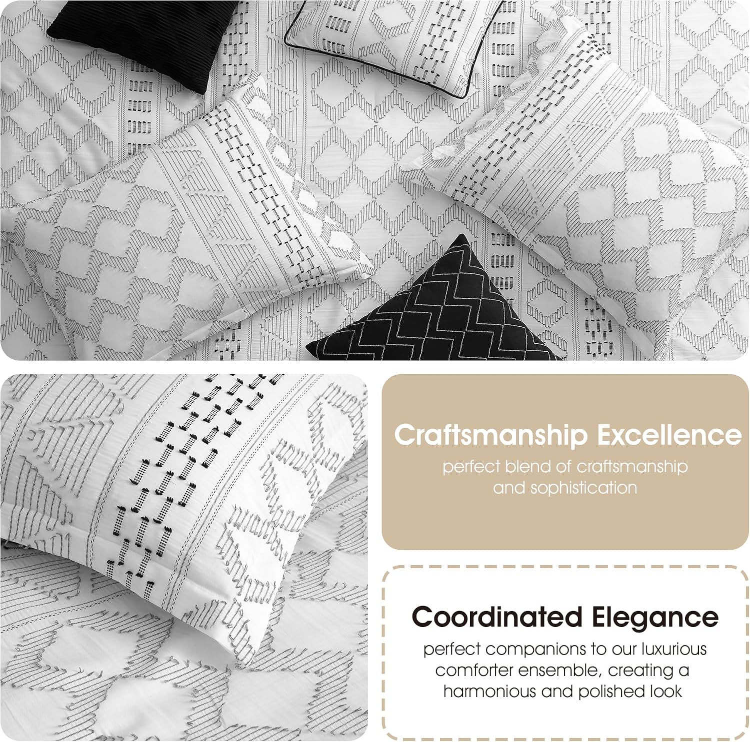 Stratford Park 7 Piece White Black Comforter Set, Queen Size Clip Bedding Set, All Season Geometric Bedding Set, Matching Pillows, Shams, Bed Skirt