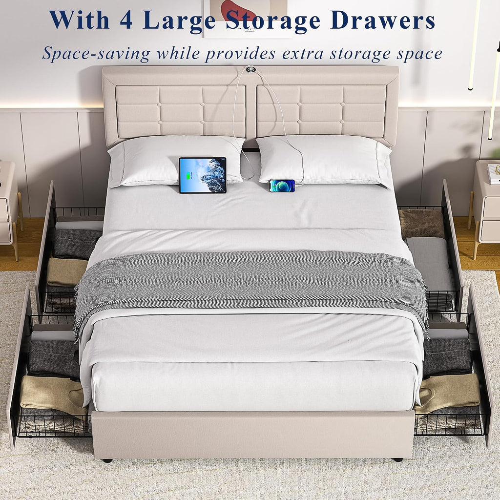 VECELO Full Size Bed Frame with 4 Storage Drawers & Adjustable Headboard, Built-in Charging Station, Upholstered Bedframe with Wood Slats Support, Beige
