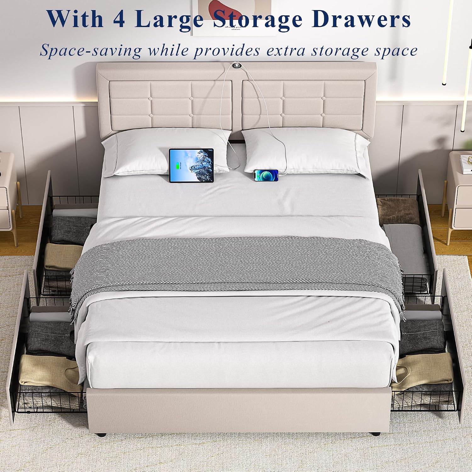 VECELO Full Size Bed Frame with 4 Storage Drawers & Adjustable Headboard, Built-in Charging Station, Upholstered Bedframe with Wood Slats Support, Beige