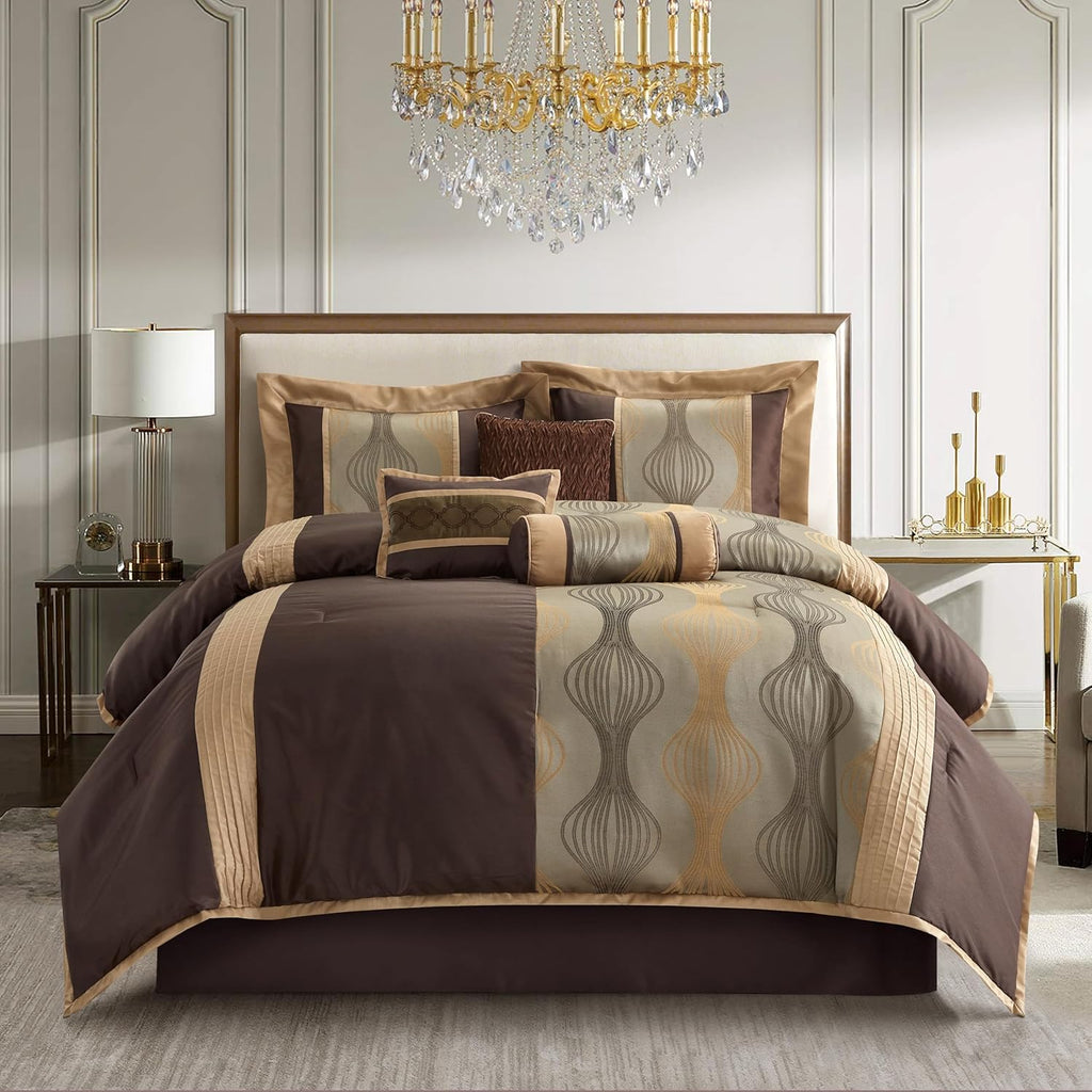 Stratford Park Elegant Brown Comforter Set Queen 7 Piece Bed in a Bag, Striped, Jacquard Bedding Set All Season, Matching Decorative Pillows, Pillow Sham