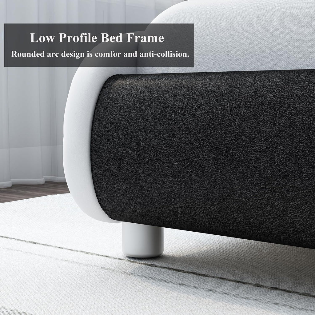 Keyluv Upholstered Queen LED Bed Frame with Headboard, Modern Low Profile Platform Bed with Strong Slats Support, Faux Leather Wave-Like Bed Frame, Easy Assembly, No Box Spring Needed, Blackwhite