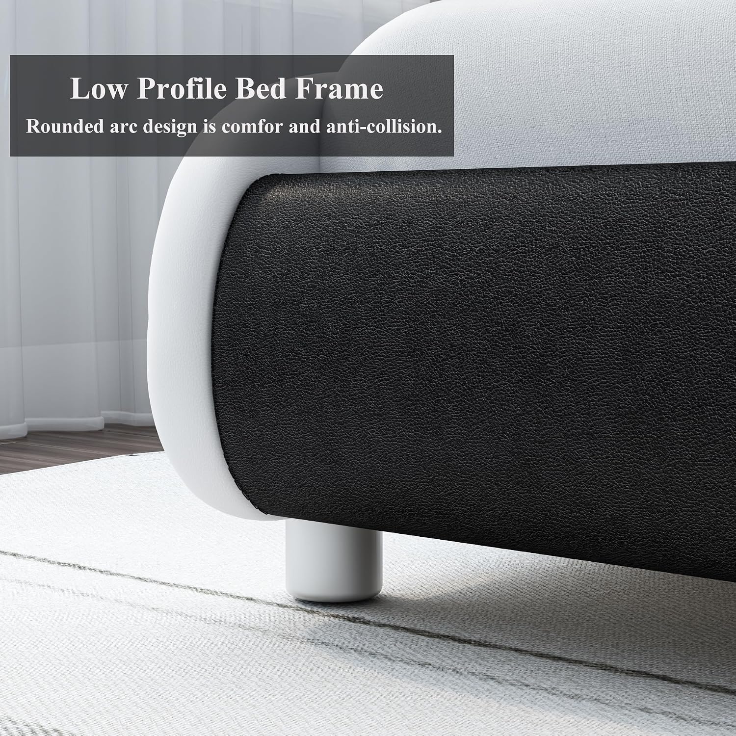 Keyluv Upholstered Queen LED Bed Frame with Headboard, Modern Low Profile Platform Bed with Strong Slats Support, Faux Leather Wave-Like Bed Frame, Easy Assembly, No Box Spring Needed, Blackwhite
