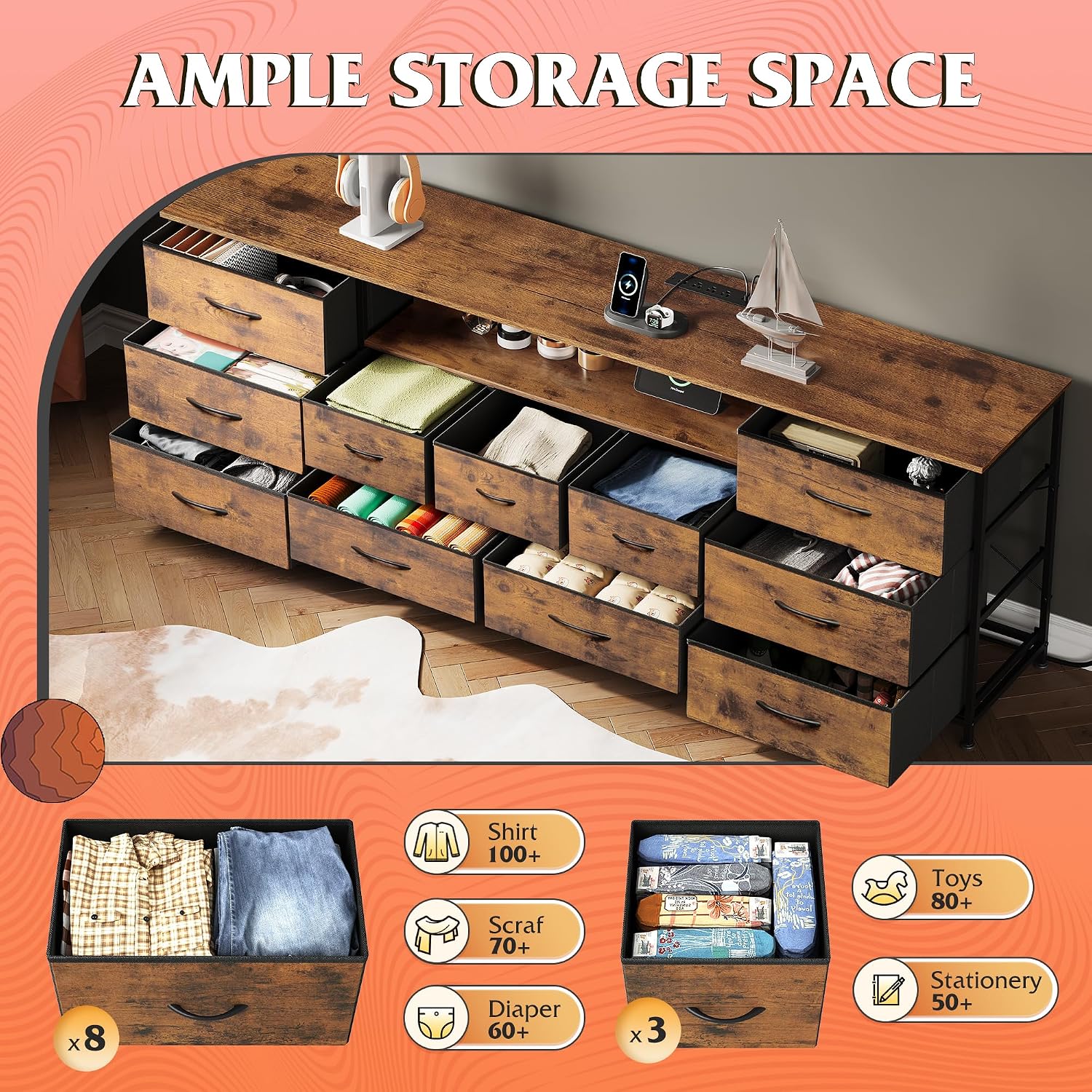 WLIVE 75.5' TV Stand for 65, 75, 80, 85 Inch TV, Dresser for Bedroom with Power Outlets & LED Lights, 11 Drawer Fabric Dresser with Open Shelves, Entertainment Center with Storage, Rustic Brown