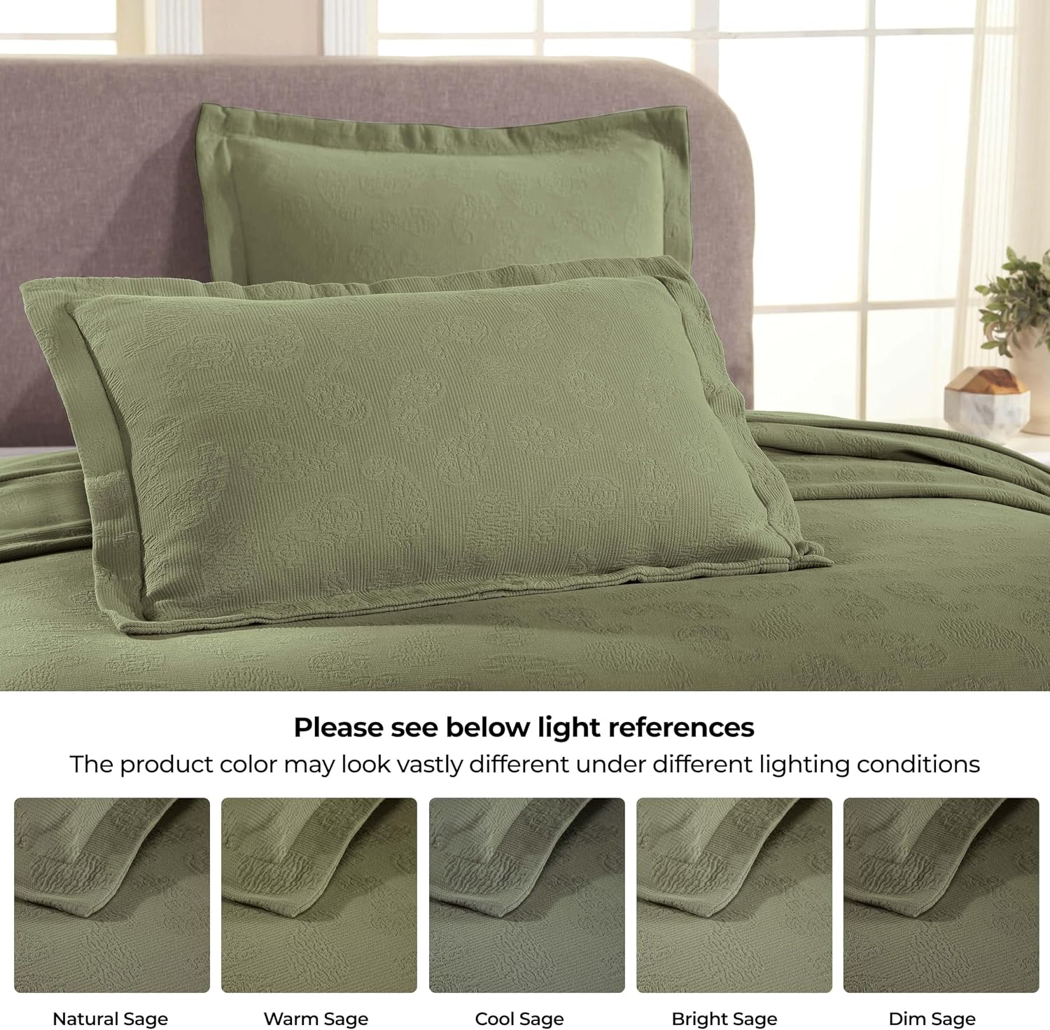 Superior Paisley Cotton 3 Piece Bedspread Set, Home Bed Decor, Decorative Textured Bed Spread, 2 Pillow Shams, Airy Blanket, Matelasse Coverlet Bedding, Vintage Floral Design, King, Sage