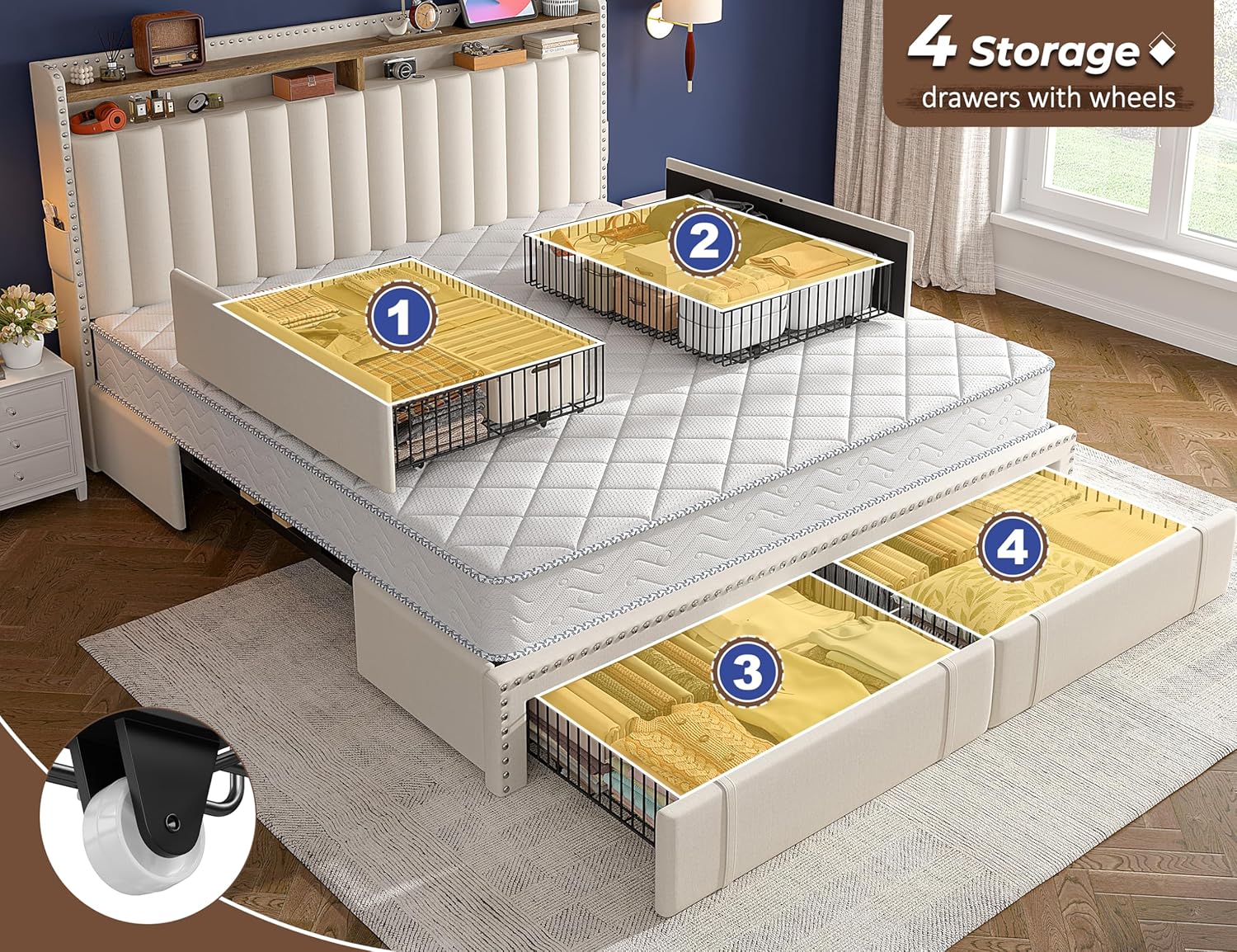 EnHomee King Size Bed Frame with 4 Storage Drawers, 2-Tier Vertical Tufted Storage Headboard, Platform King Bed Frame with Wooden Slats Support, No Box Spring Needed, Beige