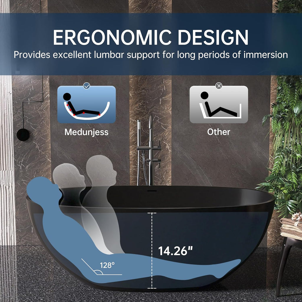 61' Stone Resin Freestanding Bathtub, Oval Solid Surface Bathroom Freestanding Tub, Thin Edge Stand Alone Tub with Integrated Slotted Overflow and Pop-up Drain, Matte Black 303-1550